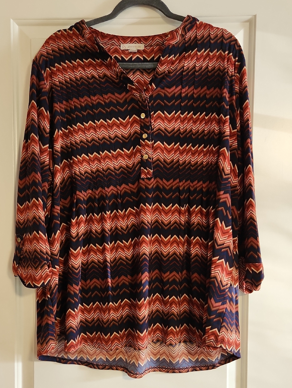 Dress Barn Navy and Rust Chevron Henley Tunic